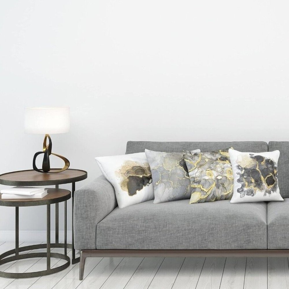 Set of 4 Marble Print Cushion Covers, Contemporary Grayscale Hazy Shades